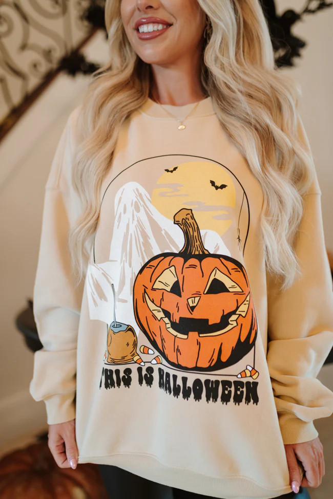 This Is Halloween Light Tan Oversized Graphic Sweatshirt Macy Blackwell X Pink Lily | Pink Lily