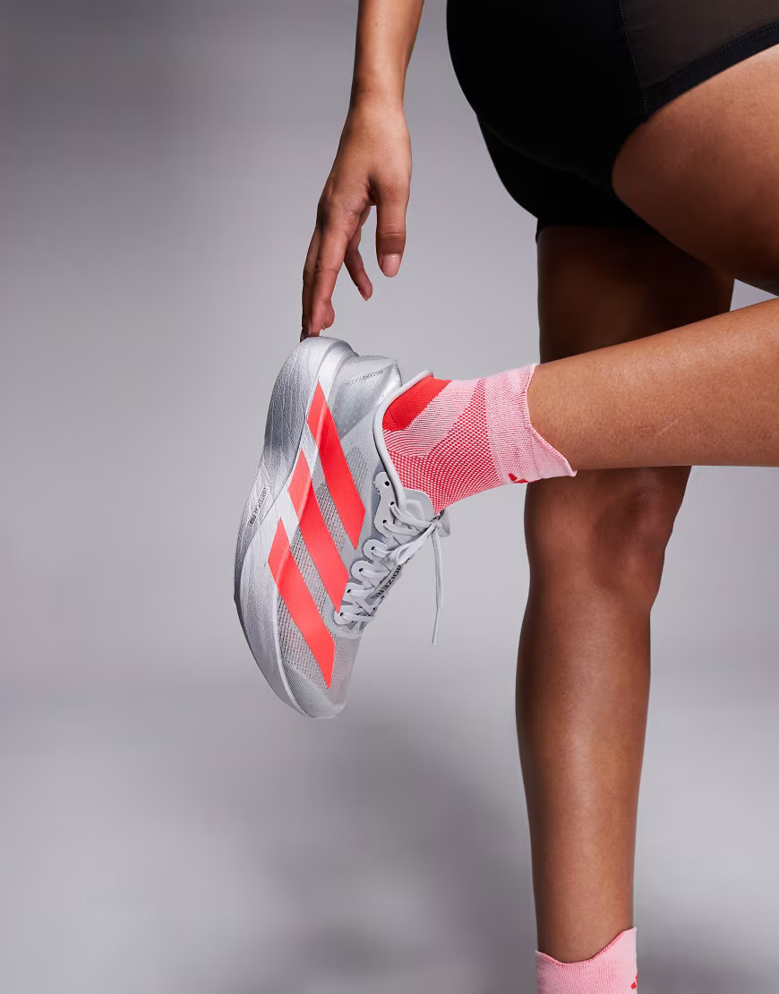 adidas Running Adizero EVO SL in silver and neon red | ASOS (Global)