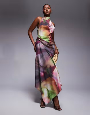ASOS DESIGN tuck detail halter maxi dress in abstract print | ASOS (Global)