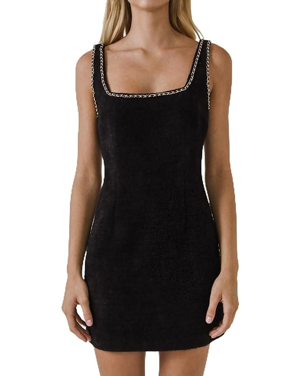endless rose Chain Trimmed Square Neckline Mini Dress, Black, XS | Amazon (US)