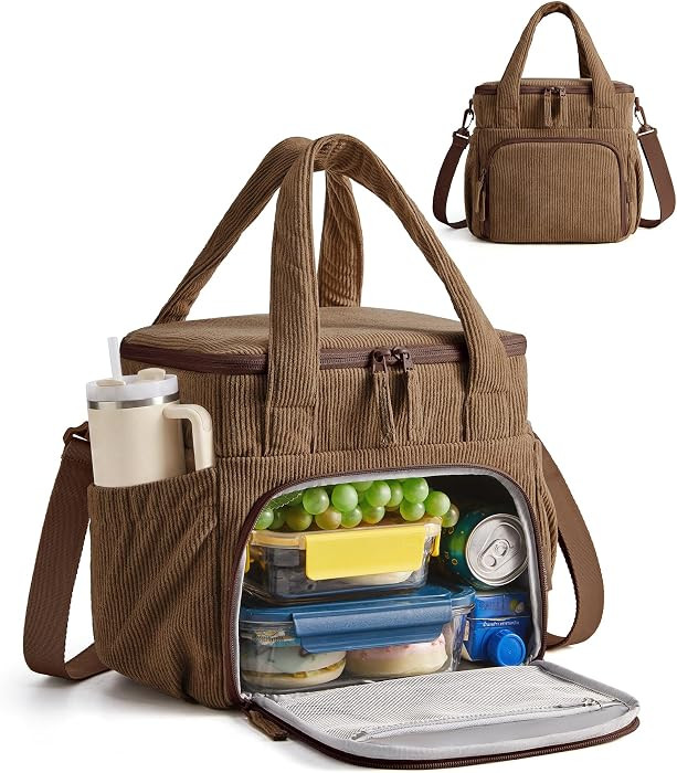 BAGSMART Corduroy Large Lunch Bag Women 14L Double Deck Insulated Lunch Box     Soft Vintage Cord... | Amazon (US)