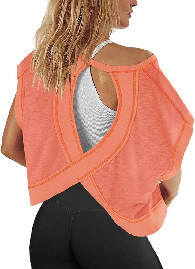 Panadila Womens Open Back Workout Top Oversized Workout T Shirts Backless Athletic Shirt Short Sl... | Amazon (US)