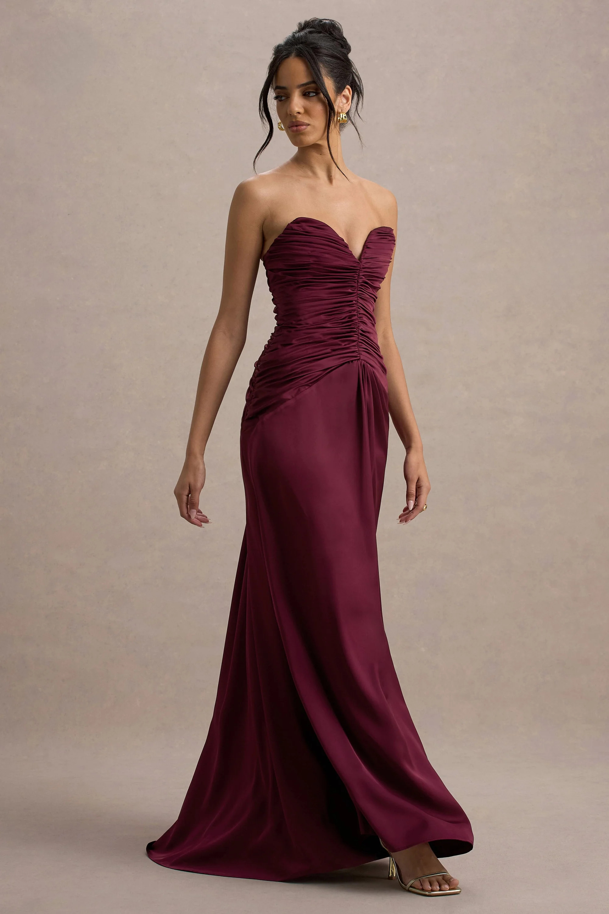 Desirie  Plum Satin Sweetheart Gathered Maxi Dress | Club L London