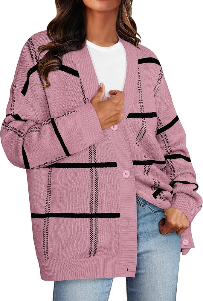 GRACE KARIN Womens Oversized Fall Cardigan Loose Plaid Button Sweater Cardigan Outfit | Amazon (US)