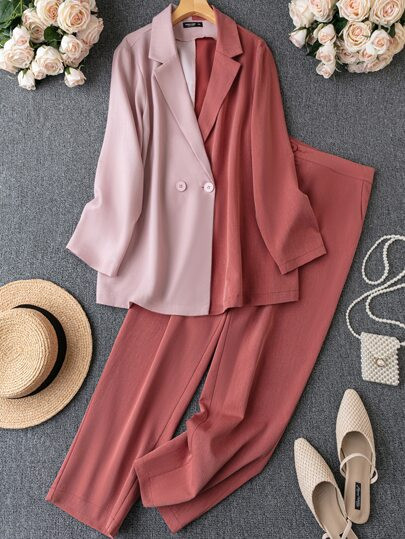 Plus Two Tone Double Button Blazer & Tailored Pants
   SKU: sf2112106801764785      
          (9... | SHEIN