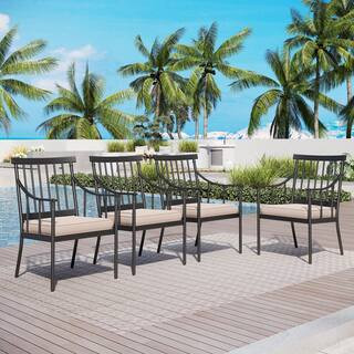 Black Metal Stylish Patio Outdoor Dining Chair with Beige Cushion (4-Pack) | The Home Depot