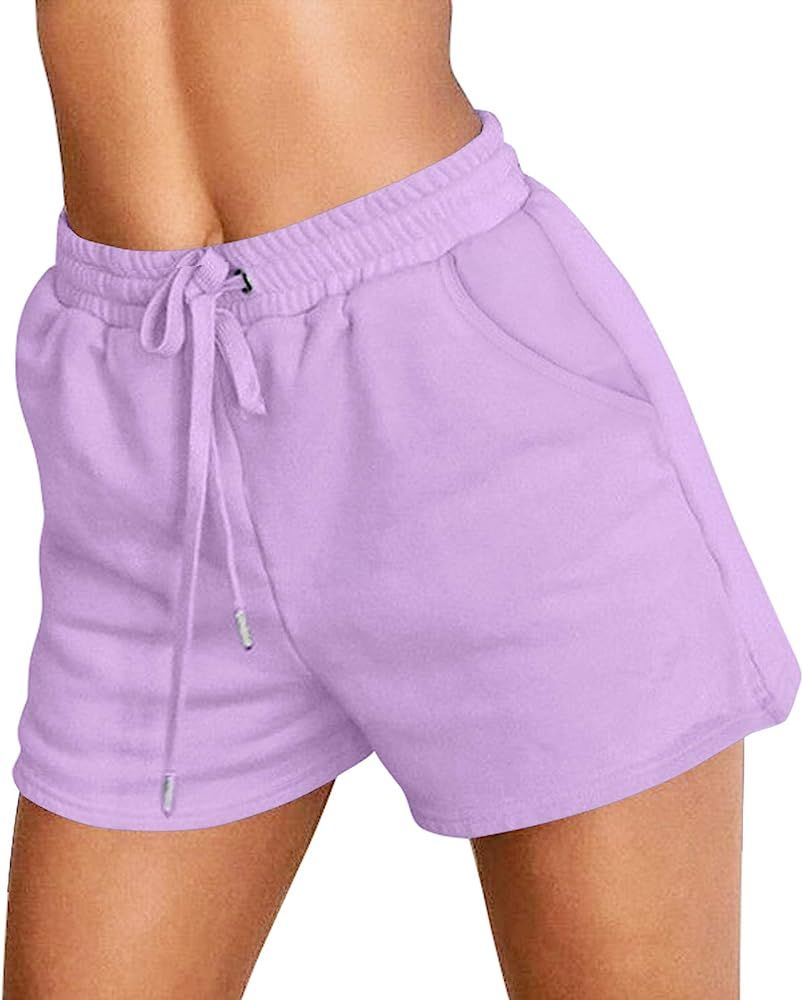 ZESICA Women's Summer Solid Color Elastic Drawstring Waist Athletic Workout Beach Shorts with Poc... | Amazon (US)