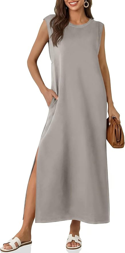Wenrine Womens Maxi Dress Casual Sleeveless Crewneck Side Slit Loose Vacation Summer Dresses with... | Amazon (US)