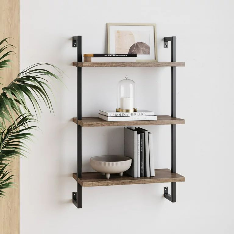 Nathan James Theo 3-Shelf Bookcase Floating Wall Mount Rustic Oak Wood with Black Industrial Pipe... | Walmart (US)