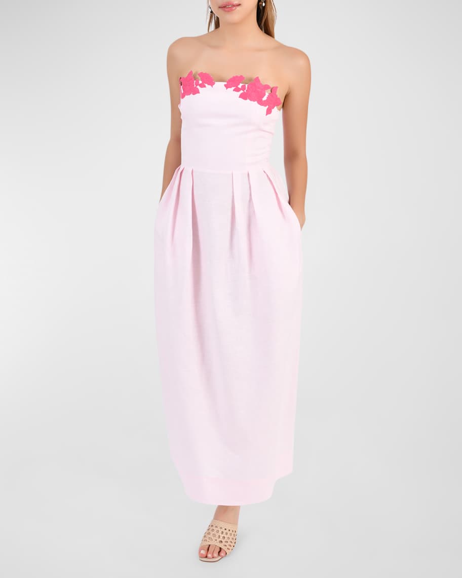 Lorr Floral Linen Strapless Midi Dress | Neiman Marcus