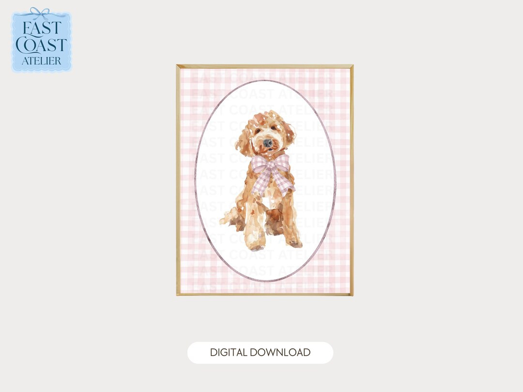 Golden Doodle Watercolor Print | Pink Gingham Bow | Coastal Granddaughter | Preppy - Etsy | Etsy (US)