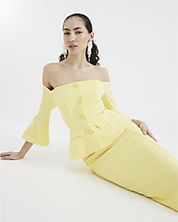 Yellow Bardot Button Down Bodycon Midi Dress | River Island UK & IE