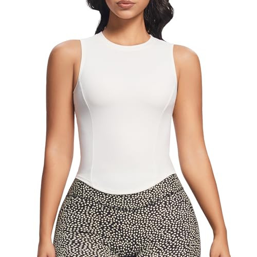 Aoxjox Women's Sleeveless Tank Tops GEO Workout Gym Yoga Curve Longline Crop Top with Built-in Bra (White, X-Large) | Amazon (US)