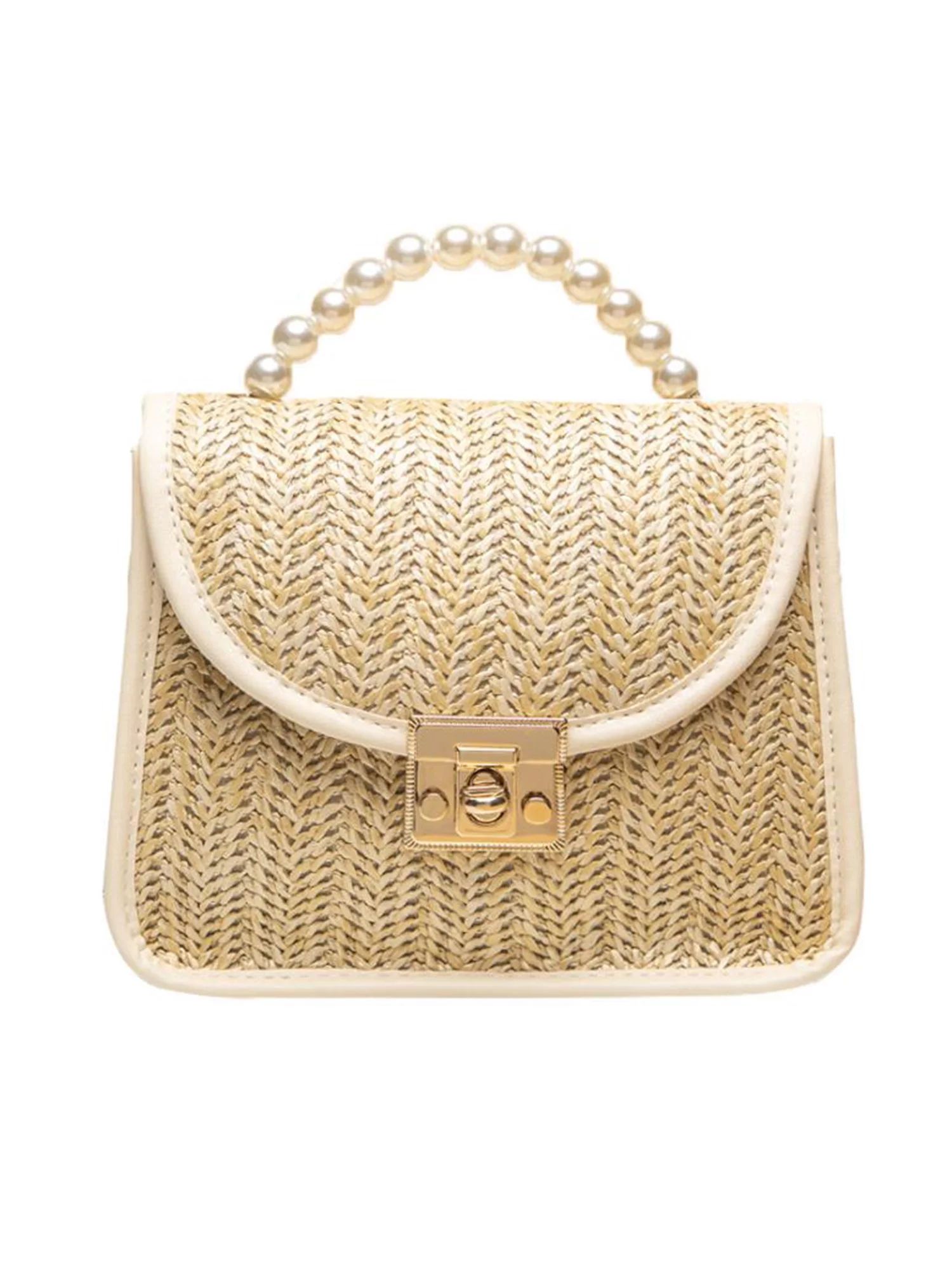 Women Straw Handbags Handwoven Braid Faux Pearl Hand Grip Handbag Chain Shoulder Bag for Daily Li... | Walmart (US)