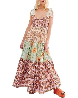 Women Summer Dresses Flowy Smocked Maxi Dress Sleeveless Tie Shoulder Boho Dresses Y2K Floral Bea... | Amazon (US)