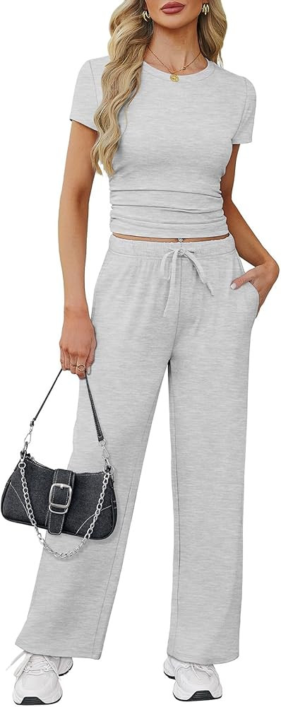 WIHOLL Lounge Sets for Women 2 Piece Vacation Outfits Short Sleeve Tops with Side Ruched Wide Leg... | Amazon (US)