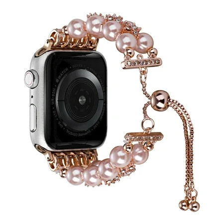 Dwitch Beaded Bracelet Compatible with Apple Watch Band 38mm 40mm 41mm Women Fashion Dressy Metal Bracelet with Diamond Bling Band Pearl Pink | Walmart (US)
