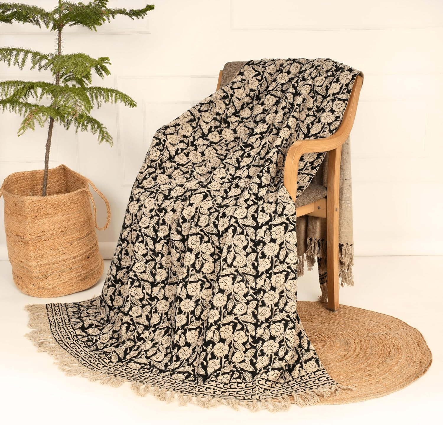 100% Cotton Throw Blanket for Couch and Bed – Handcrafted Floral Design, Lightweight Decorative Sofa Throw with Tassels – Soft & Breathable Woven Blanket (47x71 Inches, Black & Beige) | Amazon (US)