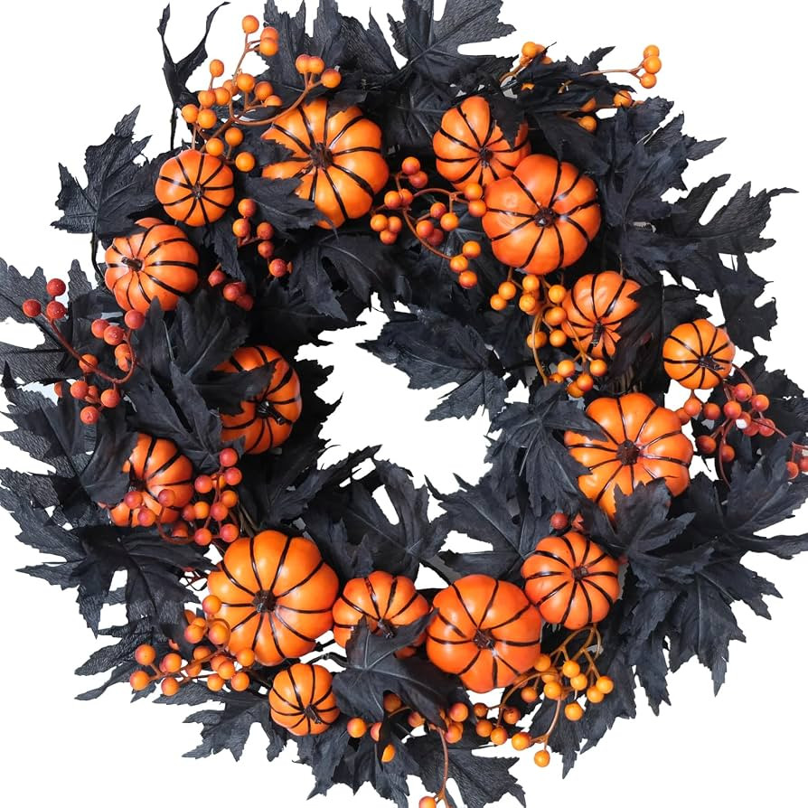 Halloween Wreaths Black Maple Leaf Wreath Orange Pumpkin Wreath Holiday Decoration Party Party Celebration Wreaths Front Door Back Door Hallway Patio Decoration | Amazon (US)