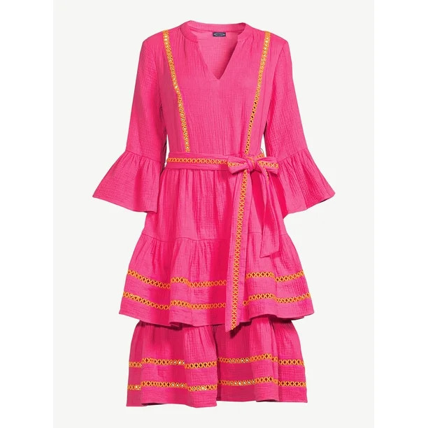 Scoop Women's 3/4 Sleeve Lace Detail Tiered Mini Dress - Walmart.com | Walmart (US)