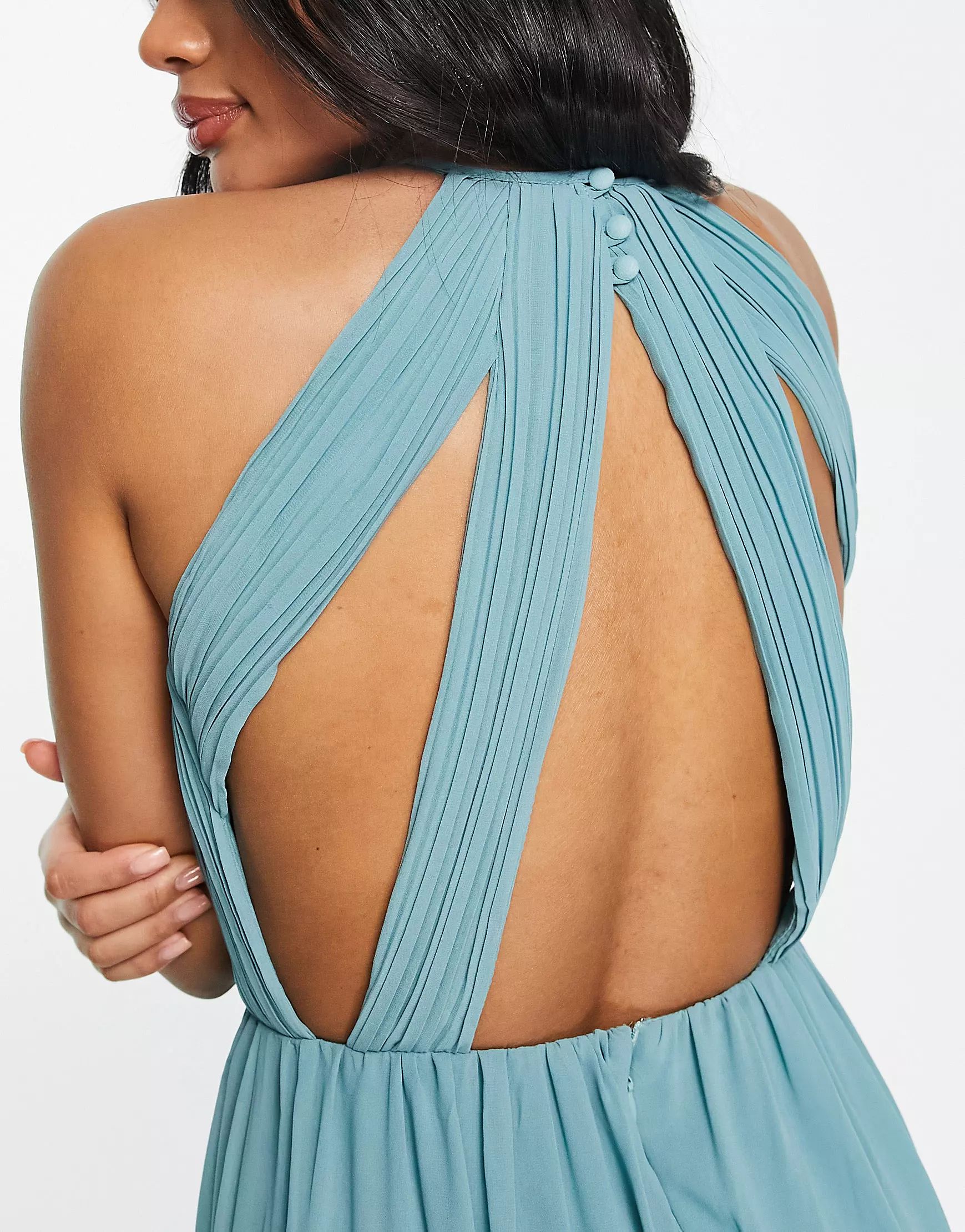 TFNC Bridesmaid chiffon maxi dress with pleated front and open back detail in sea blue | ASOS (Global)