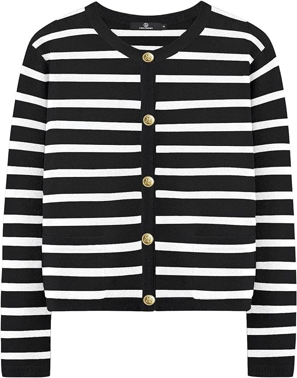 LILLUSORY Women's Casual Dressy Cardigan Sweaters Crew Neck Lady Jacket with Patch Pockets | Amazon (US)