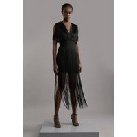 Figure Form Bandage Knit Fringe Detail Dress, black | PrettyLittleThing US