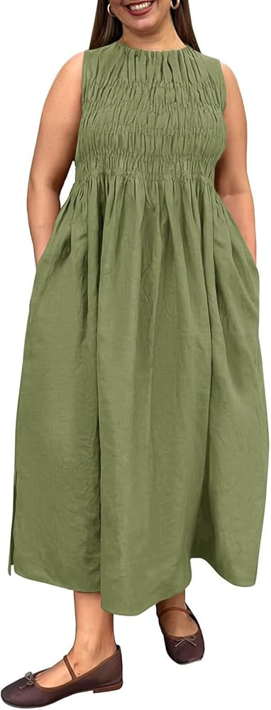 Beautife Women's Plus Size Maxi Dress Summer Casual Sleeveless Ruched Crewneck Sundresses with Po... | Amazon (US)