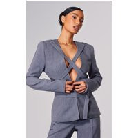 PLT Label Charcoal Strap Detail Cross Over Oversized Blazer | PrettyLittleThing US