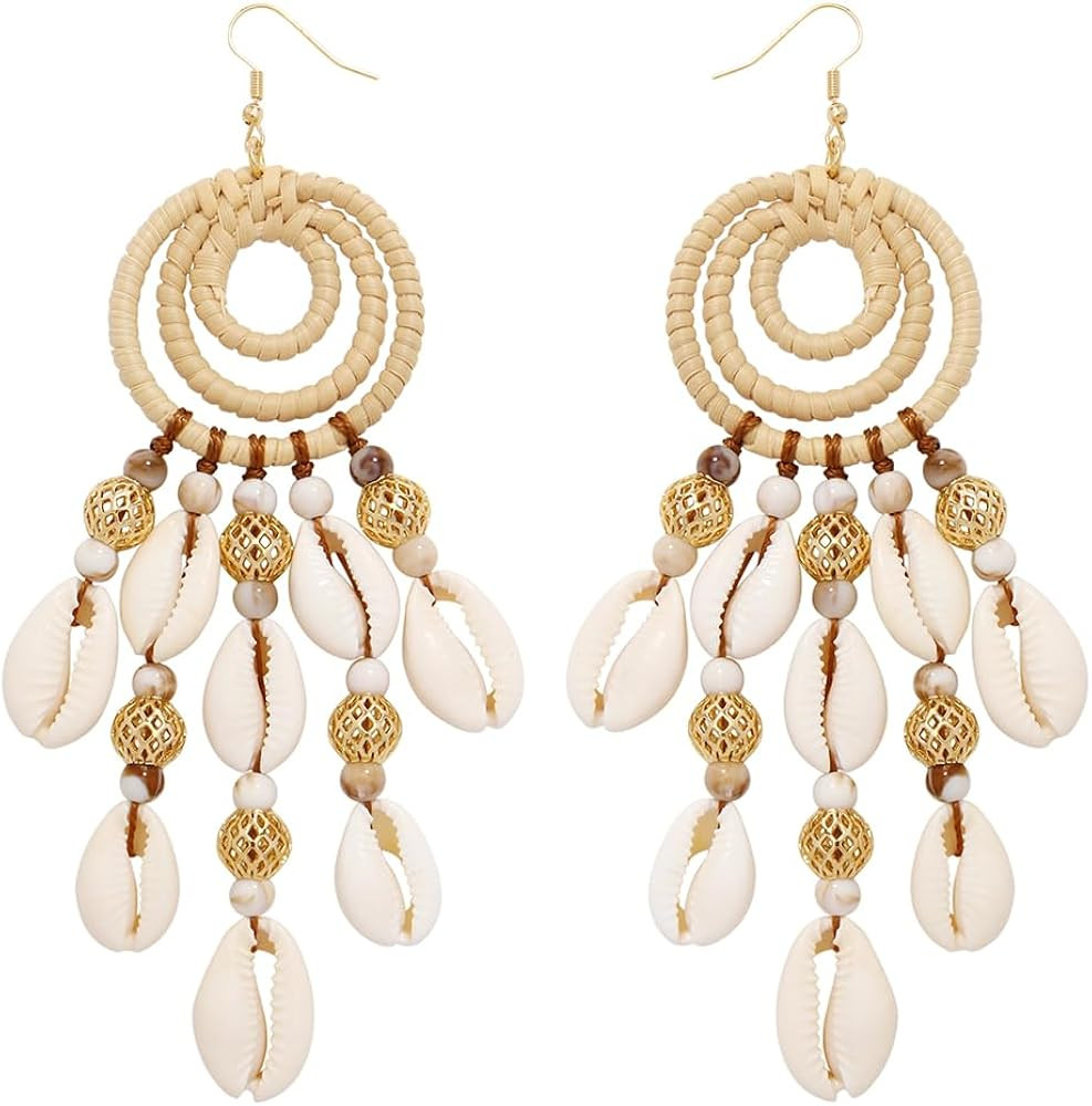 BOCAR Statement Boho Rattan Shell Dangle Earrings for Women Handmade Summer Vocation Beach Tropic... | Amazon (US)