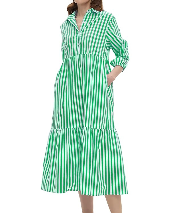 Womens Babydoll Striped Shirt Midi Dress Puff Long Sleeve Collared Button Tunic Flowy Swing Dress... | Amazon (US)