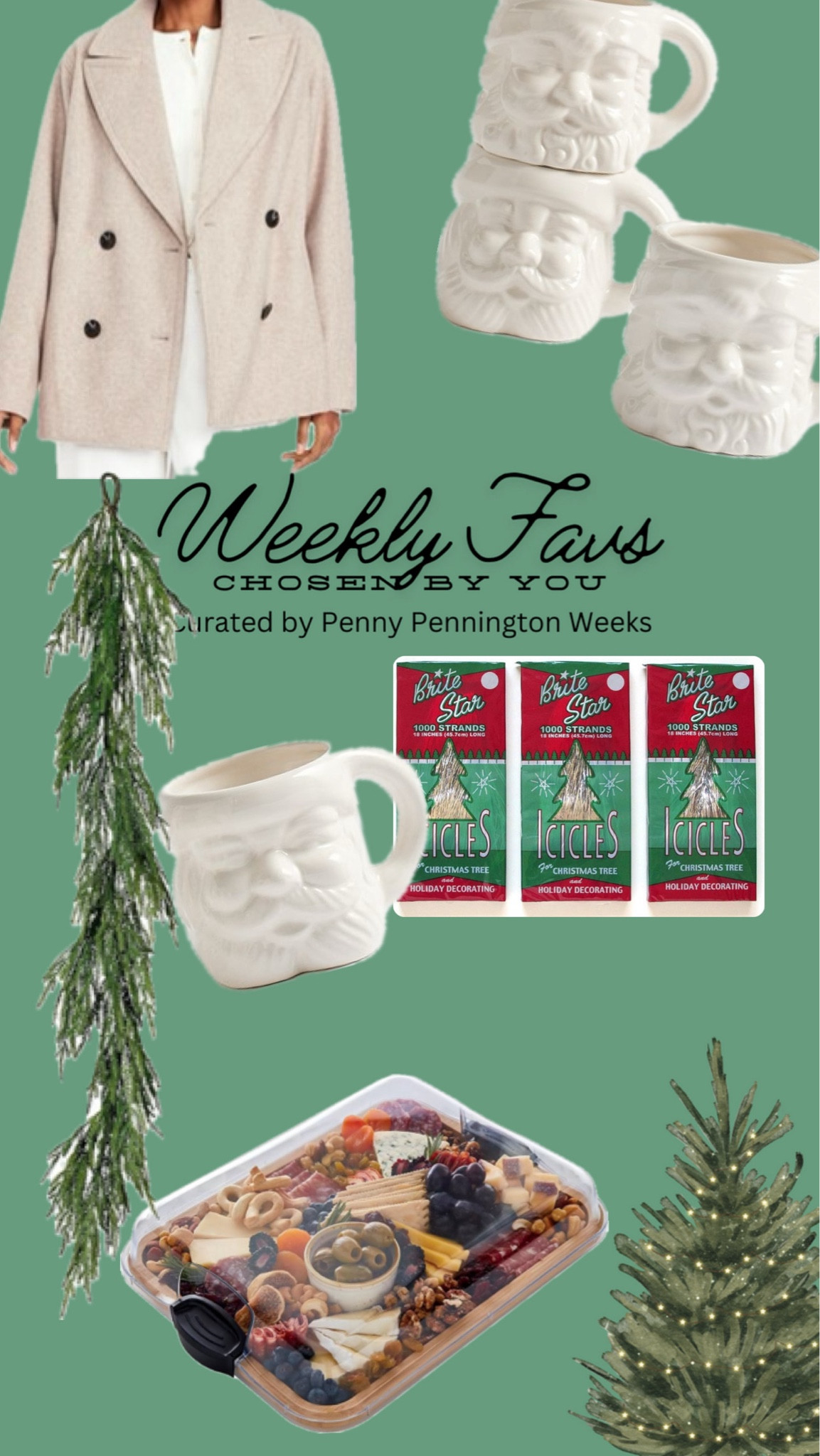 Weekly Favs

I love my new winter coat…4 colors available! And my covered charcuterie board is perfect for the holidays.

Plus this week’s favs includes some of my Christmas decor favs, tinsel for the tree, my new Christmas garland, plus Santa mugs!!!

#LTKSeasonal #LTKHome #LTKHoliday