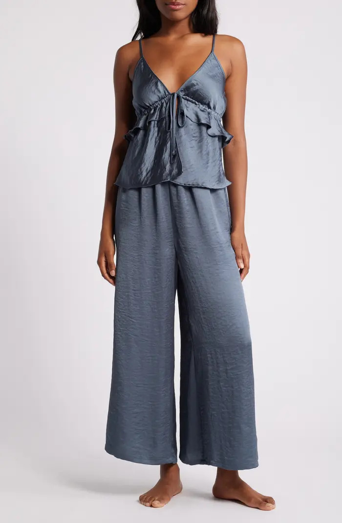 Ruffle Tie Front Crop Wide Leg Satin Pajamas | Nordstrom