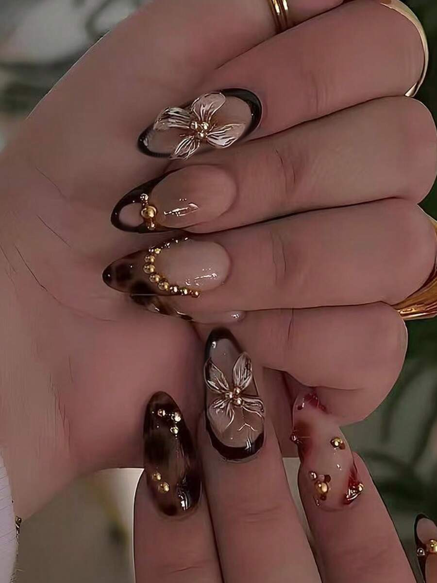 24Pcs Long Almond 3d Gelnails Makes Flower Nails Design French Tip Press On Nails Medium Pearl De... | SHEIN