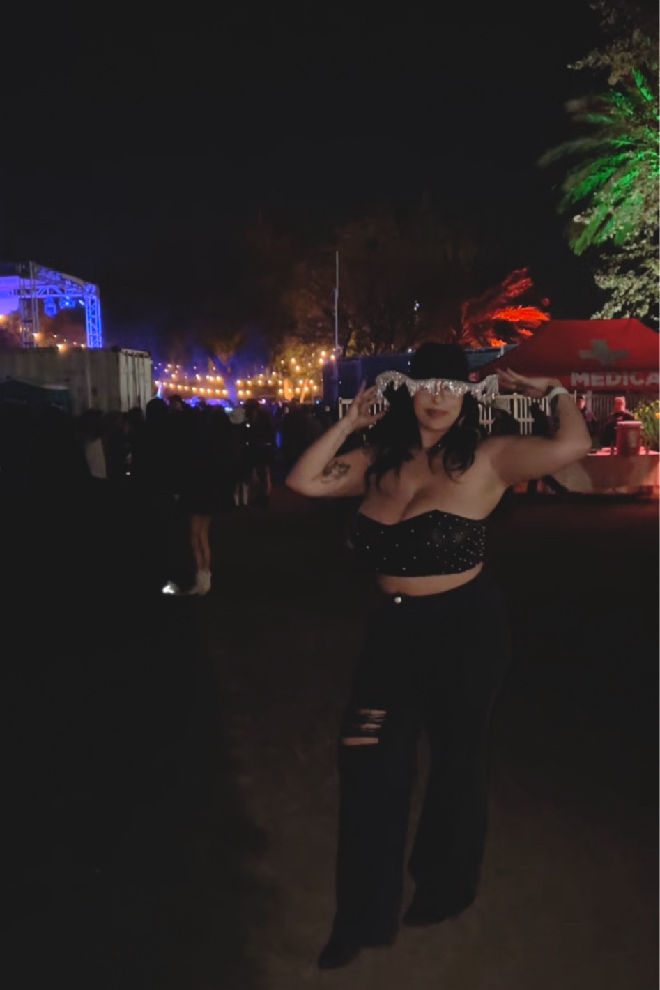 Electric Fest Space Cowboy! Cowboy hat with sparkles, leather strapless crop top with silver decals, ripped black jeans and black cowboy boots 

#LTKstyletip #LTKbeauty #LTKFestival