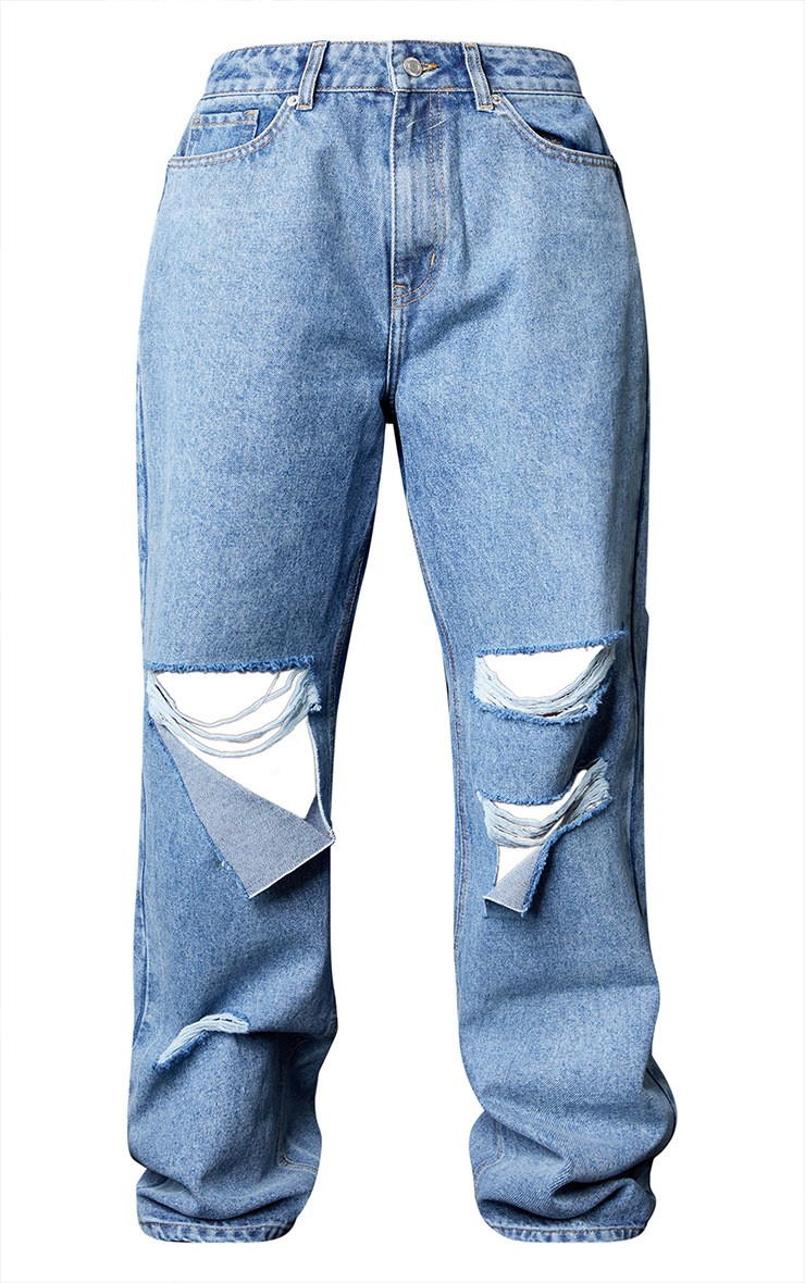 Mid Blue Wash Baggy Low Rise Ripped Boyfriend Jeans | PrettyLittleThing US