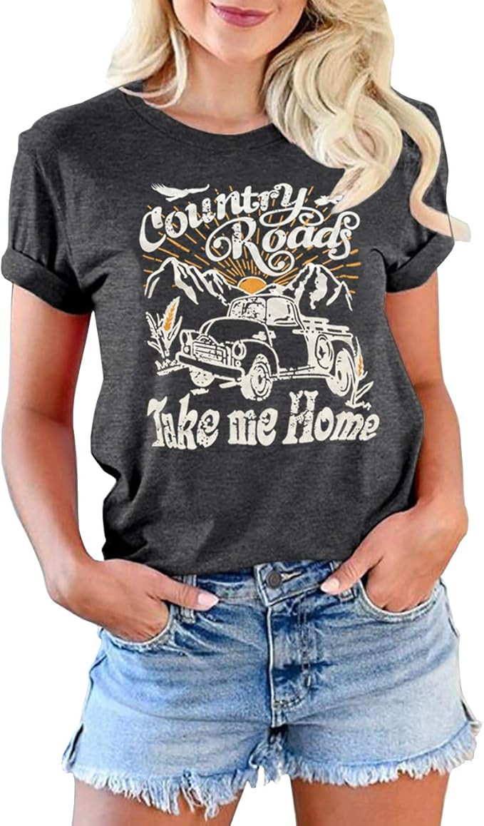 Country Roads Take Me Home T-Shirt for Women Funny Letters Print Short Sleeve Graphic Tee Tops | Amazon (US)