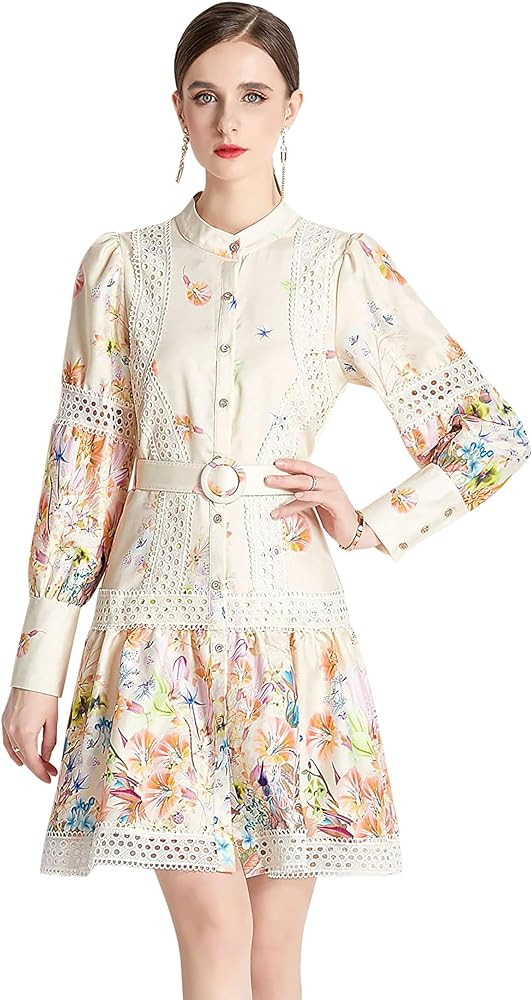 LAI MENG FIVE CATS Women's Hollow Out Floral Print Lantern Sleeve Button Up Casual Mini Dress | Amazon (US)