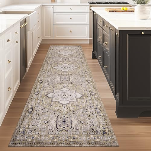 PURRUGS Vintage Farmhouse Boho Runner Rug 2x8 ft, Non-Slip Machine Washable Rug, Accent Oriental Area Rug for Kitchen, Hallway, Entryway, Bedroom, Living Room and Dining Room, Taupe/Vanilla | Amazon (US)
