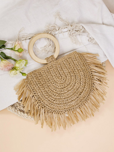 Fringe Decor Straw Top Handle Bag