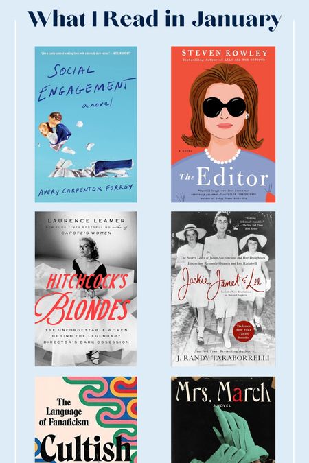 What I Read in January-On my way to reach the goal of 24 books in 2024. 

1) Social Engagement
2) The Editor
3) Hitchcock’s Blondes
4) Jackie, Janet, and Lee
5) Cultish
6) Mrs. March

