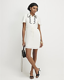 Cream Short Sleeve Scallop Trim Shirt Dress | River Island UK & IE