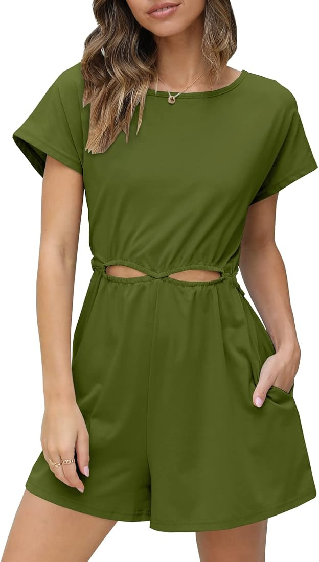 DEEP SELF Women's Summer Rompers Short Sleeve Cut Out Casual Loose Shorts Jumpsuit with Pockets | Amazon (US)