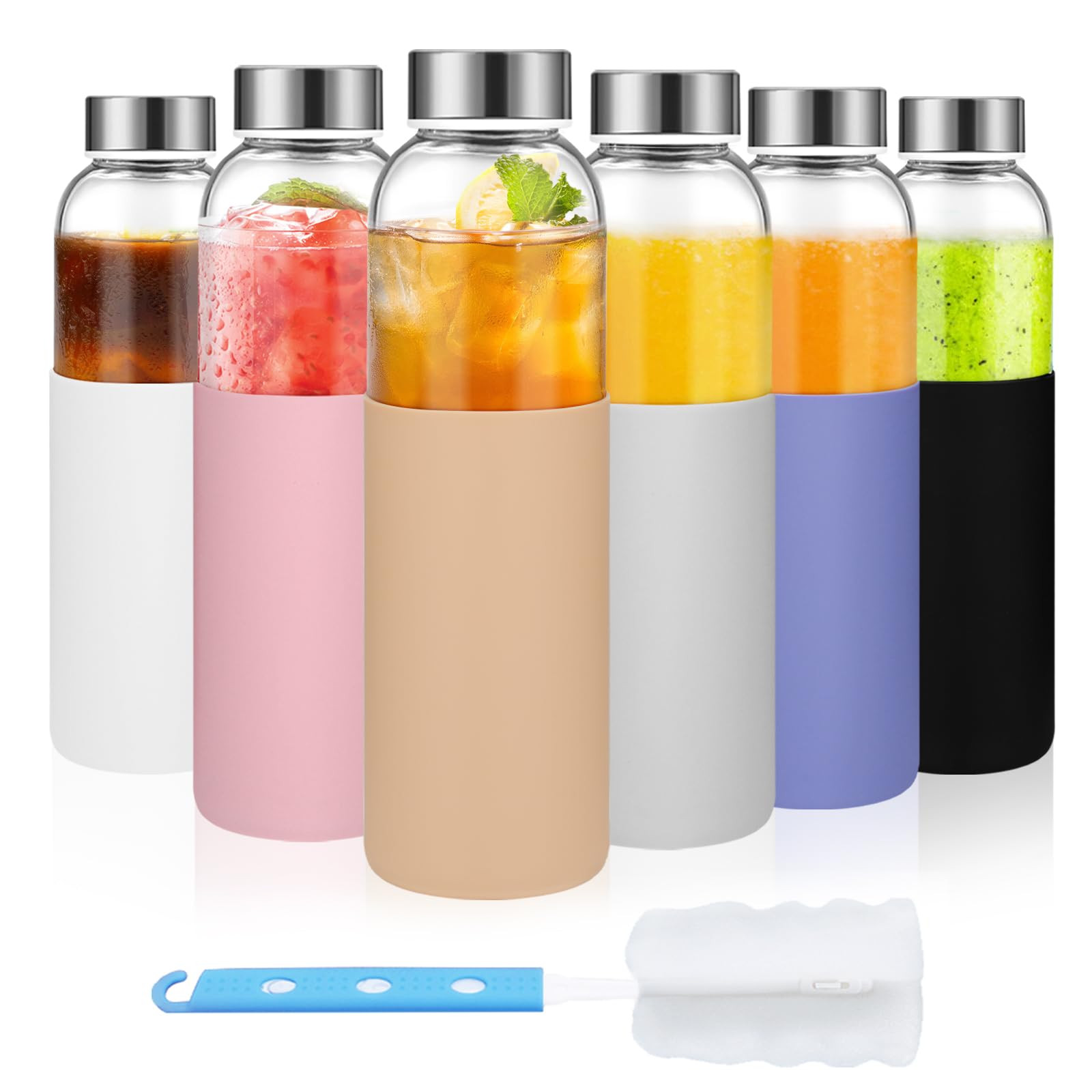 18 oz Clear Glass Juice Bottles with Lids and Silicone Sleeve, Reusable Glass Water Bottles with ... | Amazon (US)