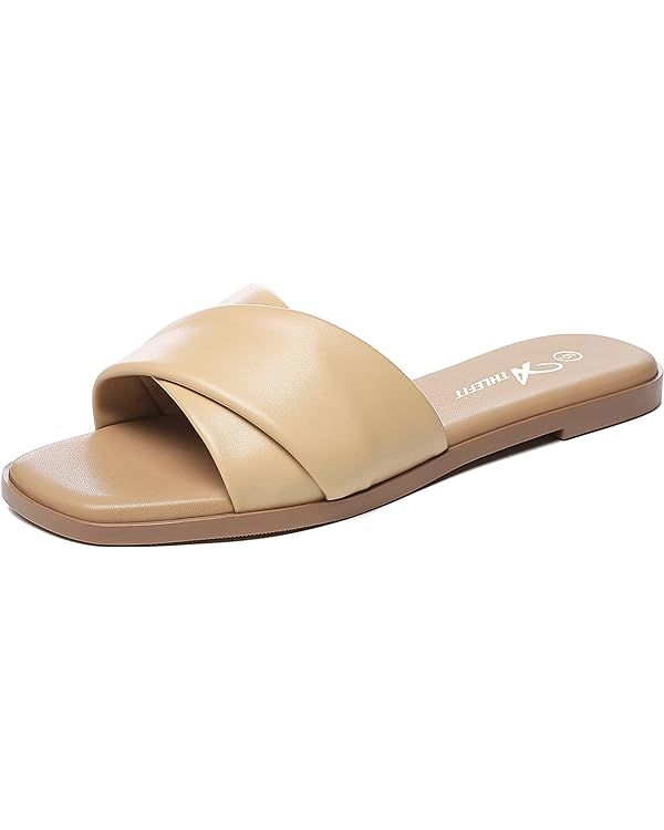 Athlefit Women's Summer Flat Sandals Slip On Square Toe Soft Leather Slide Sandals | Amazon (US)