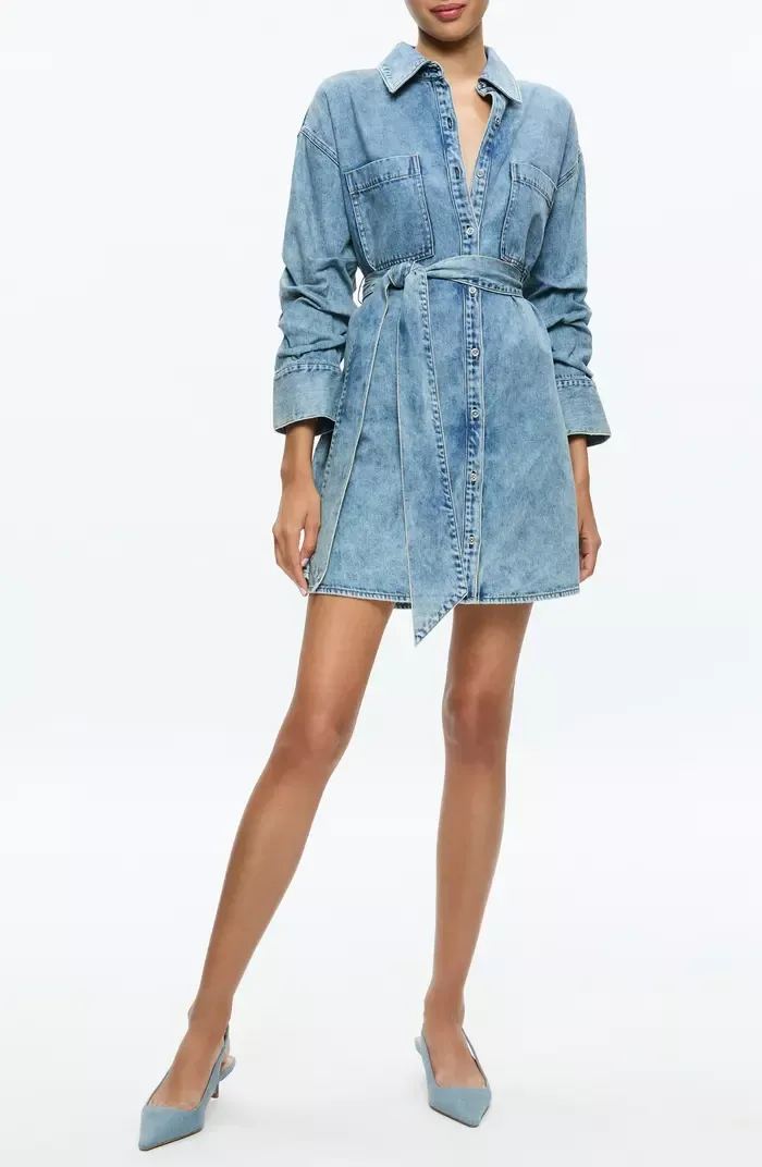 Alice + Olivia Brigita Ruched Sleeve Denim Mini Shirtdress | Nordstrom | Nordstrom