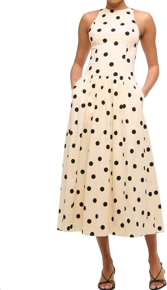 Polka Dot Summer Midi Dress Women Sleeveless High Neck Patchwork Tank Sundress Casual Flowy A Lin... | Amazon (US)