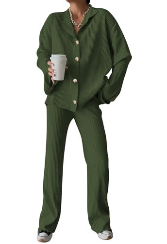 Cakulo Womens Lounge Sets 2 Piece Outfits 2025 Button Cardigan Knit Sweater Pants Loungewear Matching Set Green XL | Amazon (US)