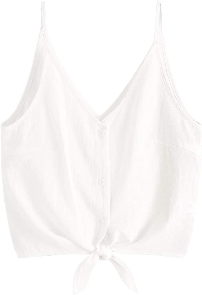 MakeMeChic Women's Casual V Neck Button Self Tie Front Crop Cami Tops Camisole | Amazon (US)