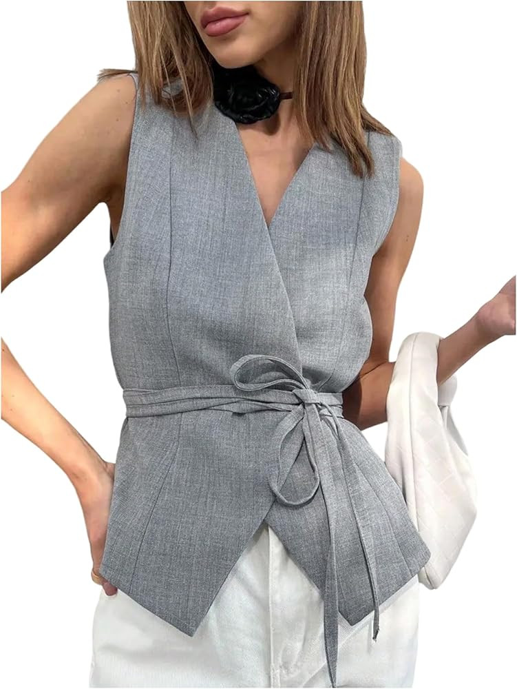 MakeMeChic Women's Wrap Blouse Vest Sleeveless Blazer Tie V Neck Belted Elegant Office Shirt Tops | Amazon (US)